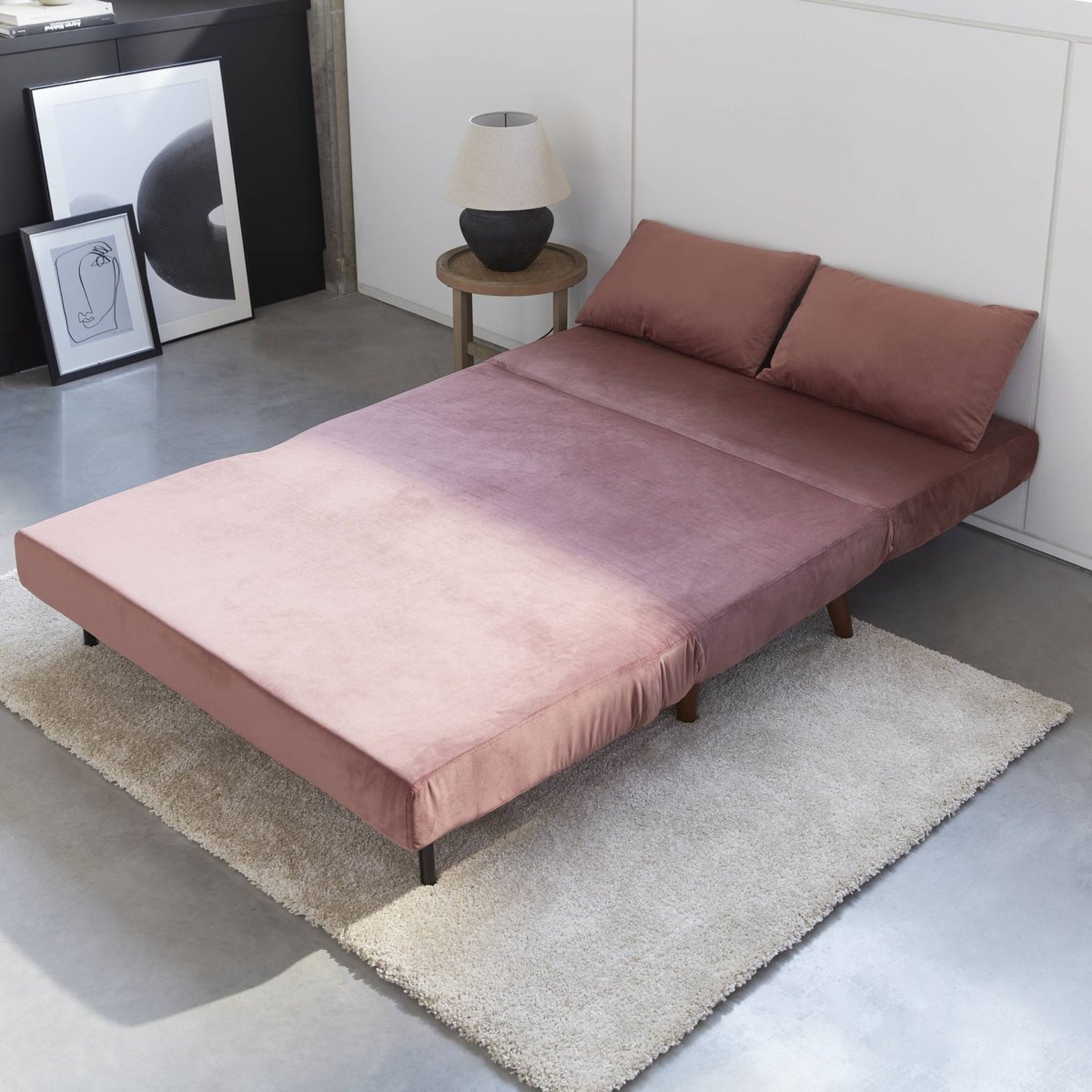 Canapé convertible 2 places velours, pieds bois GUESTA gris foncé, SWEEEK