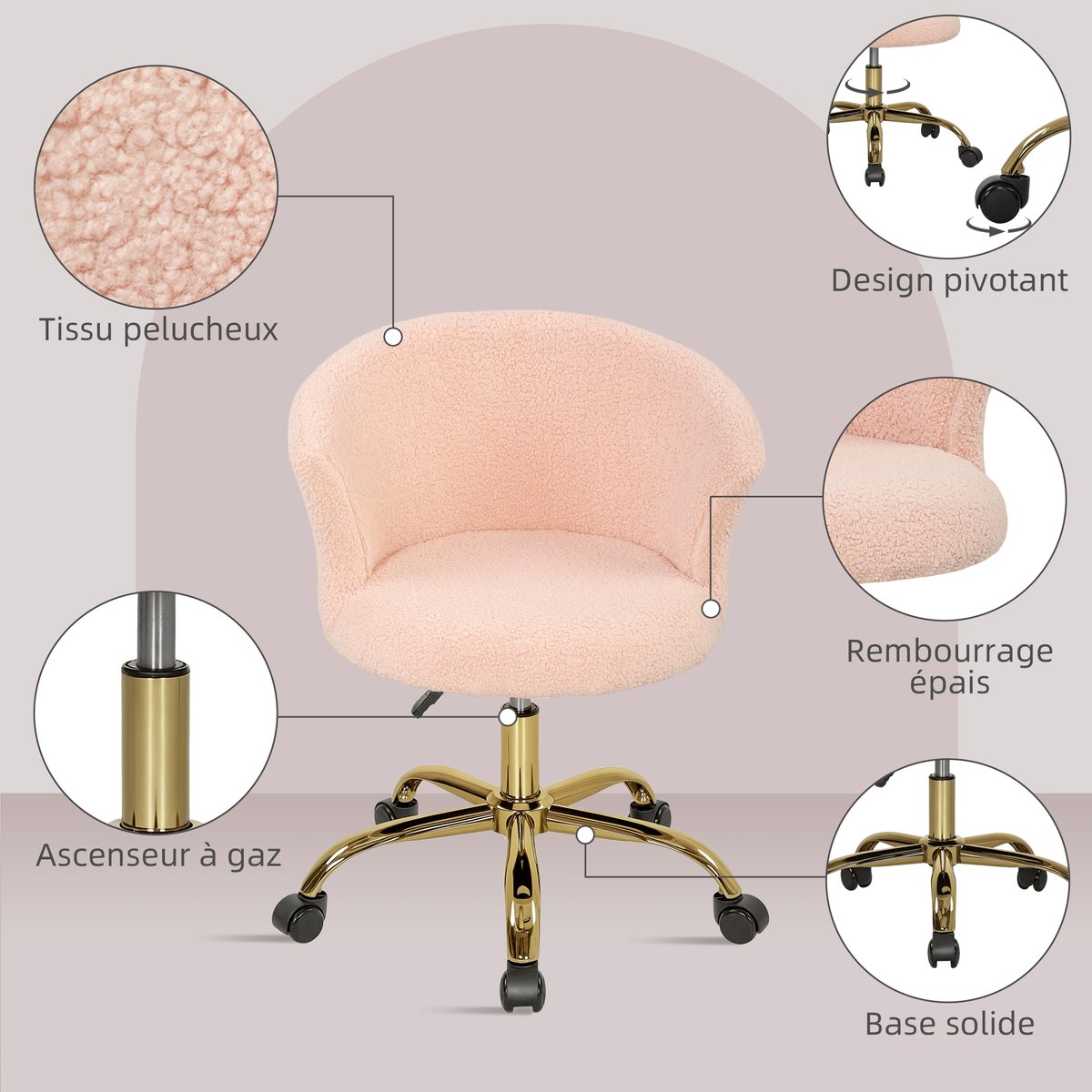 Chaise de bureau Polyester Rose rose, doré, HOMCOM