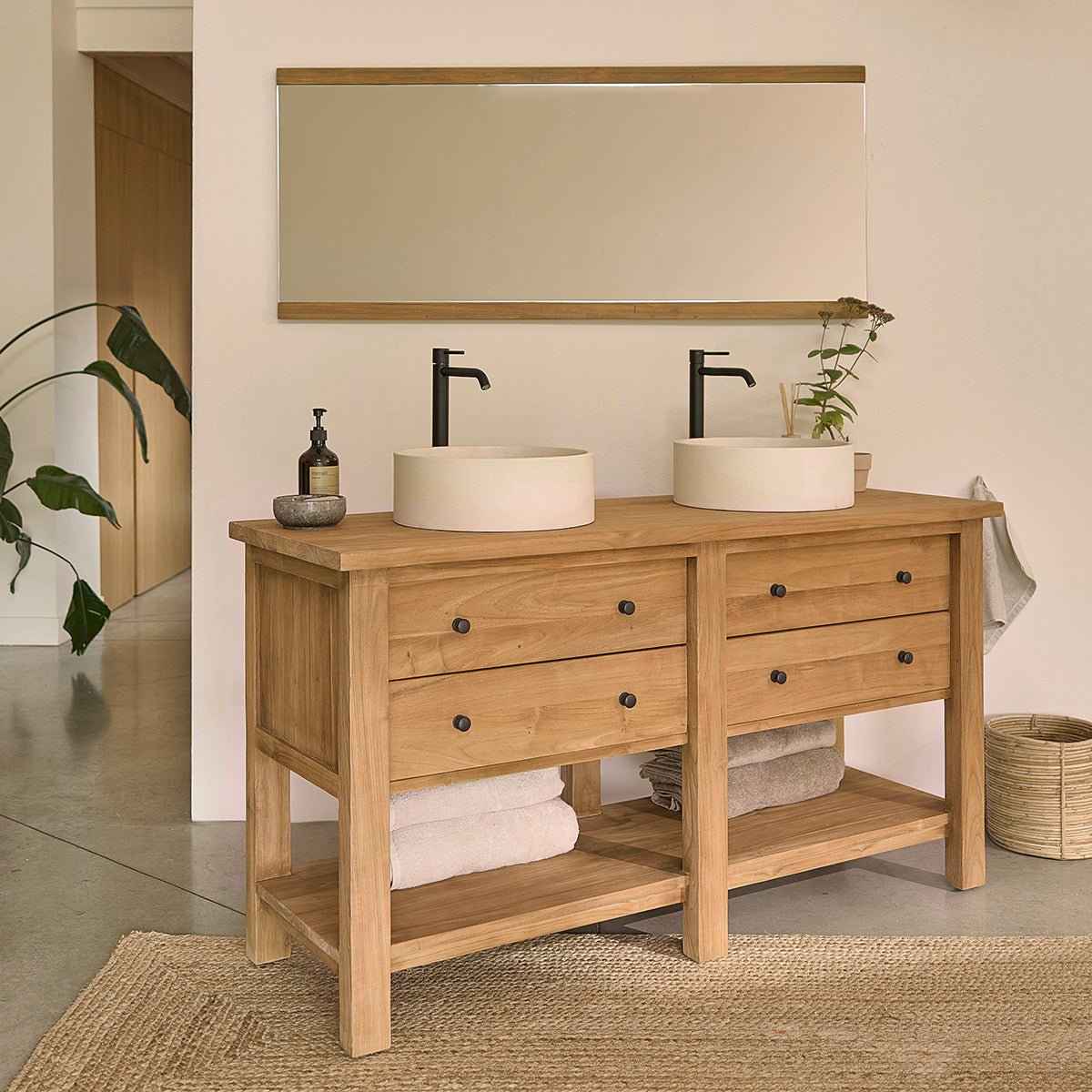 Meuble sous vasque en teck recyclé massif 150 cm NAHELE naturel, BERAH GETAH