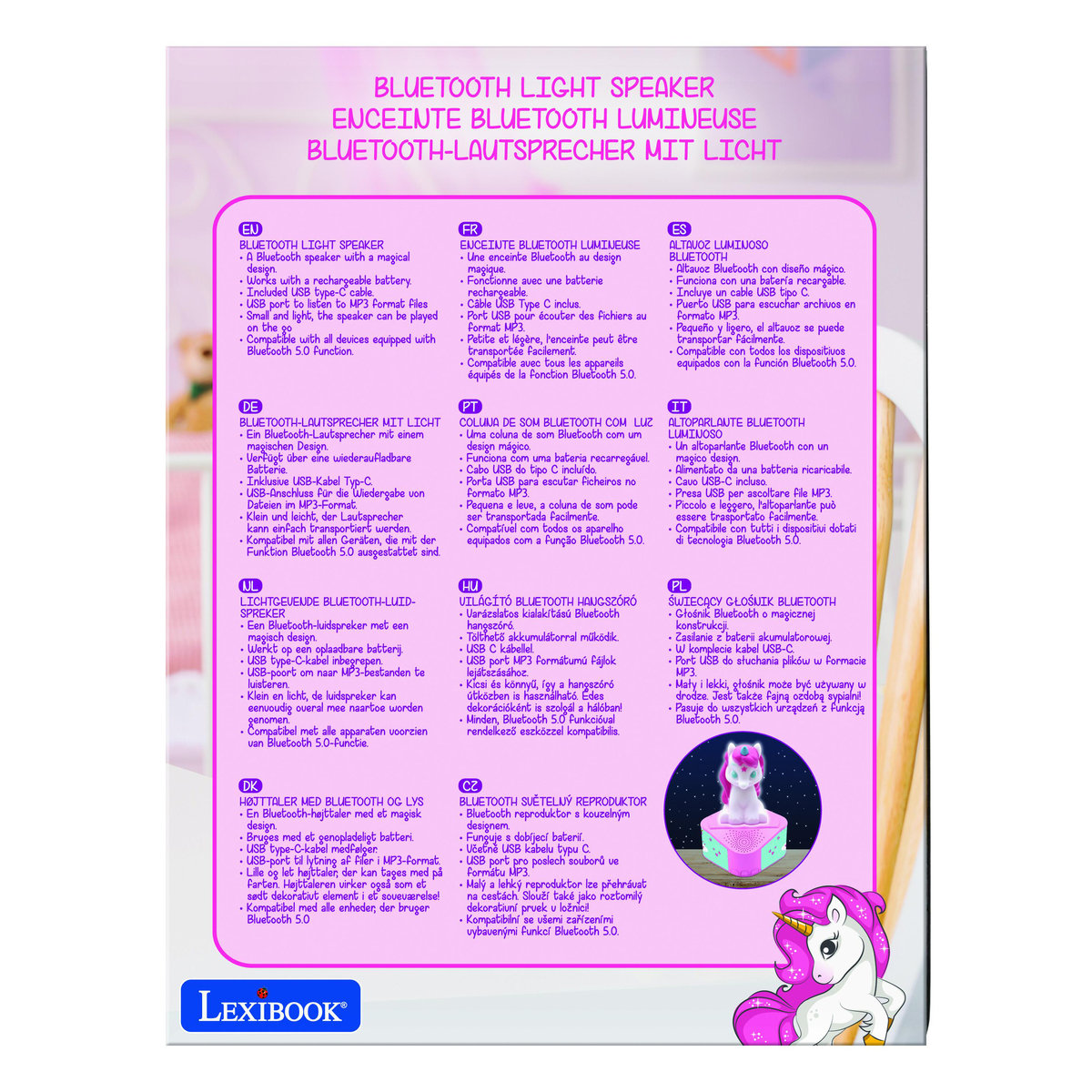 Enceinte Bluetooth avec figurine lumineuse Licorne rose, LEXIBOOK