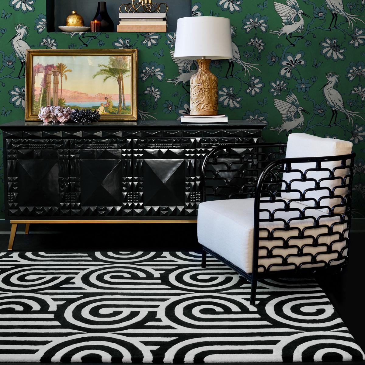 Tapis salon et chambre fait à la main en laine motif seventies noir, blanc, UN AMOUR DE TAPIS