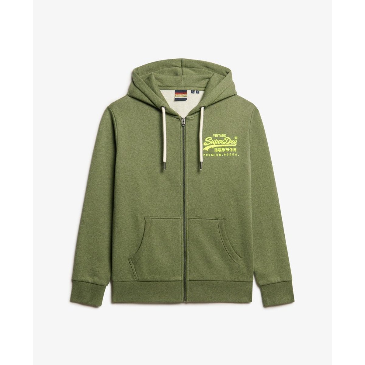 Sweat à capuche zippé à motif Neon Vintage Logo vert olive doux chiné, SUPERDRY