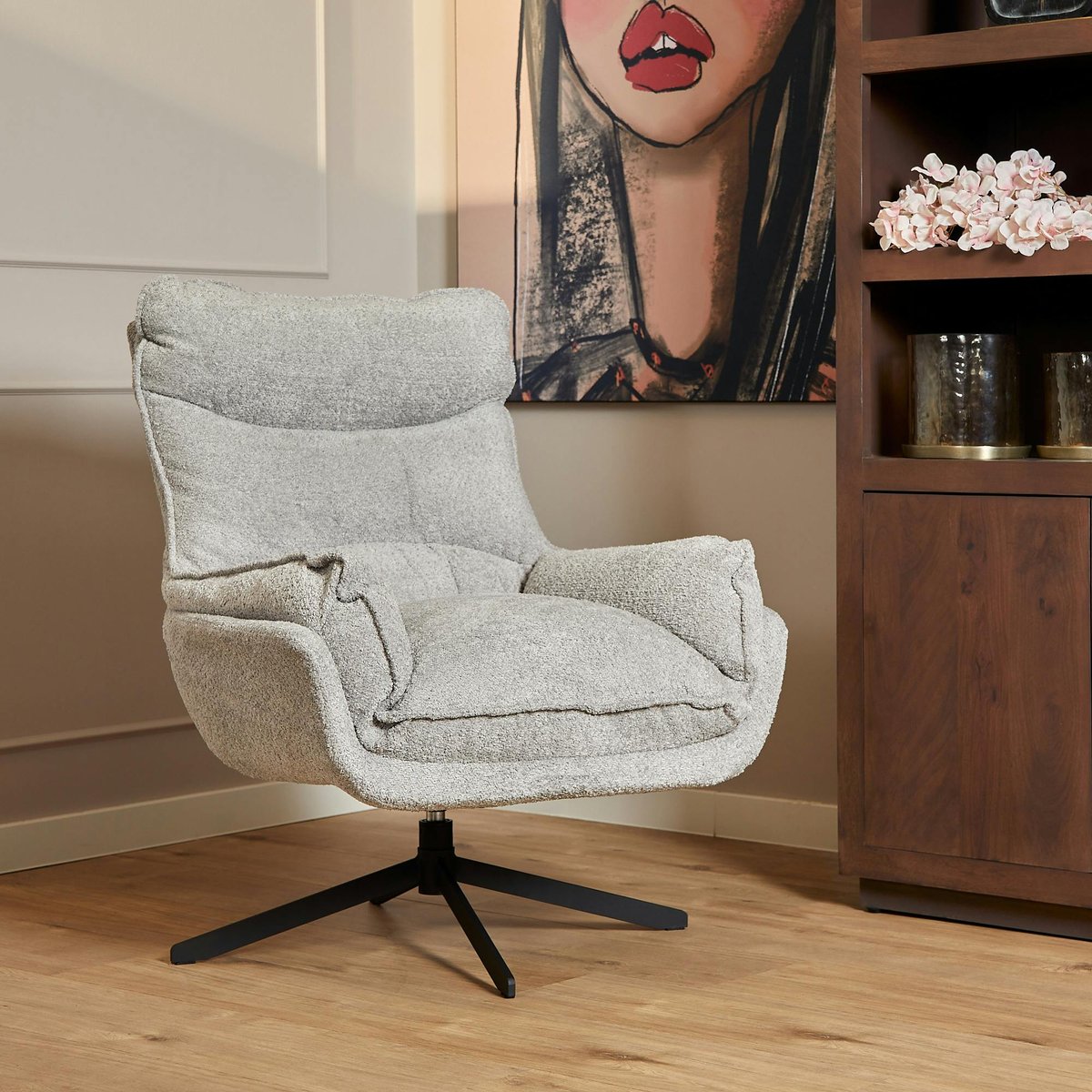 Fauteuil pivotant tissu bouclette BELORA gris clair, PIER IMPORT