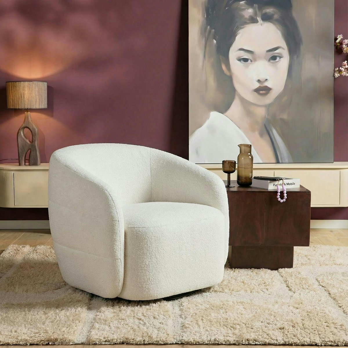 Fauteuil pivotant en tissu chenille BELORA ecru, PIER IMPORT