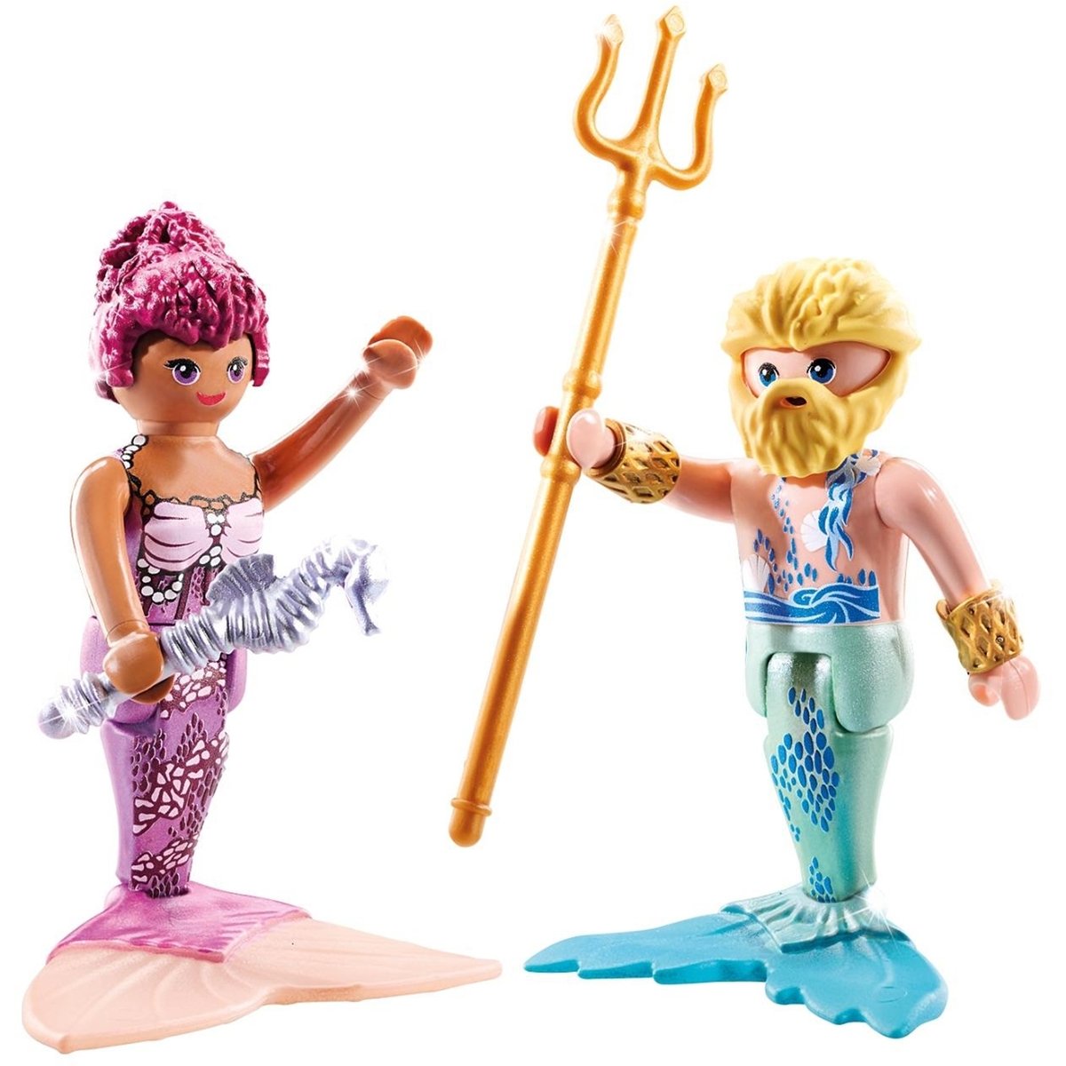 Duo : Couple de sirène et triton avec sceptre et trident multicolore, PLAYMOBIL