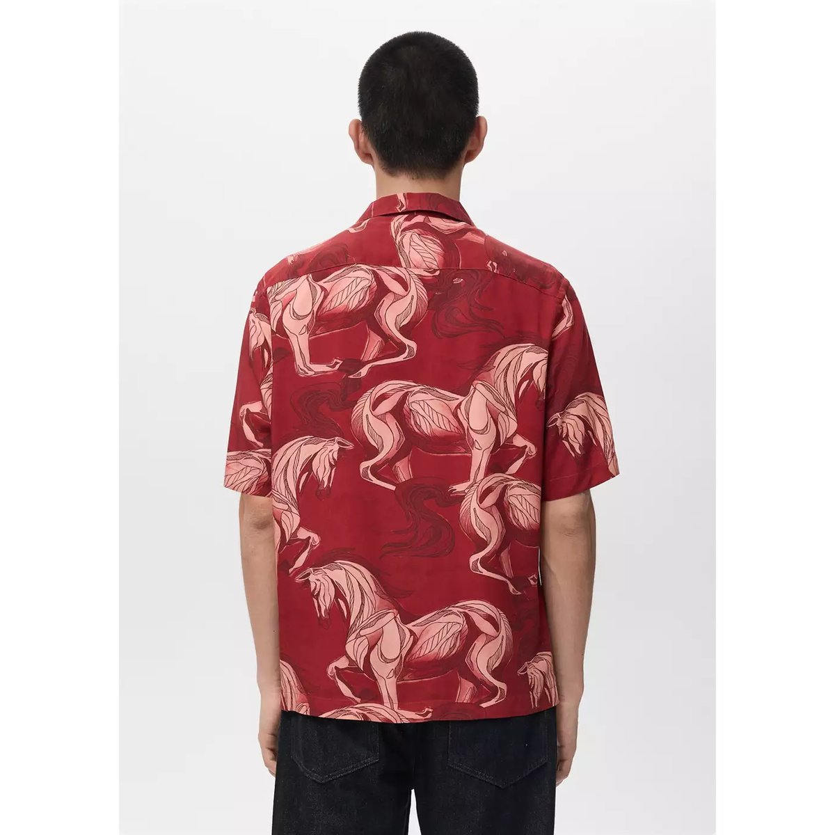 Chemise fluide imprimée col bowling rouge, MANGO MAN