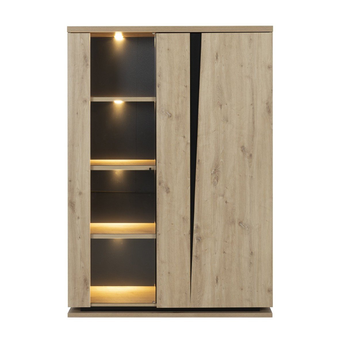 Ensemble vaisselier 2 portes avec éclairage avec table à manger extensible et table basse 1 tiroir Crack - Fabrication Française bois clair, CALICOSY