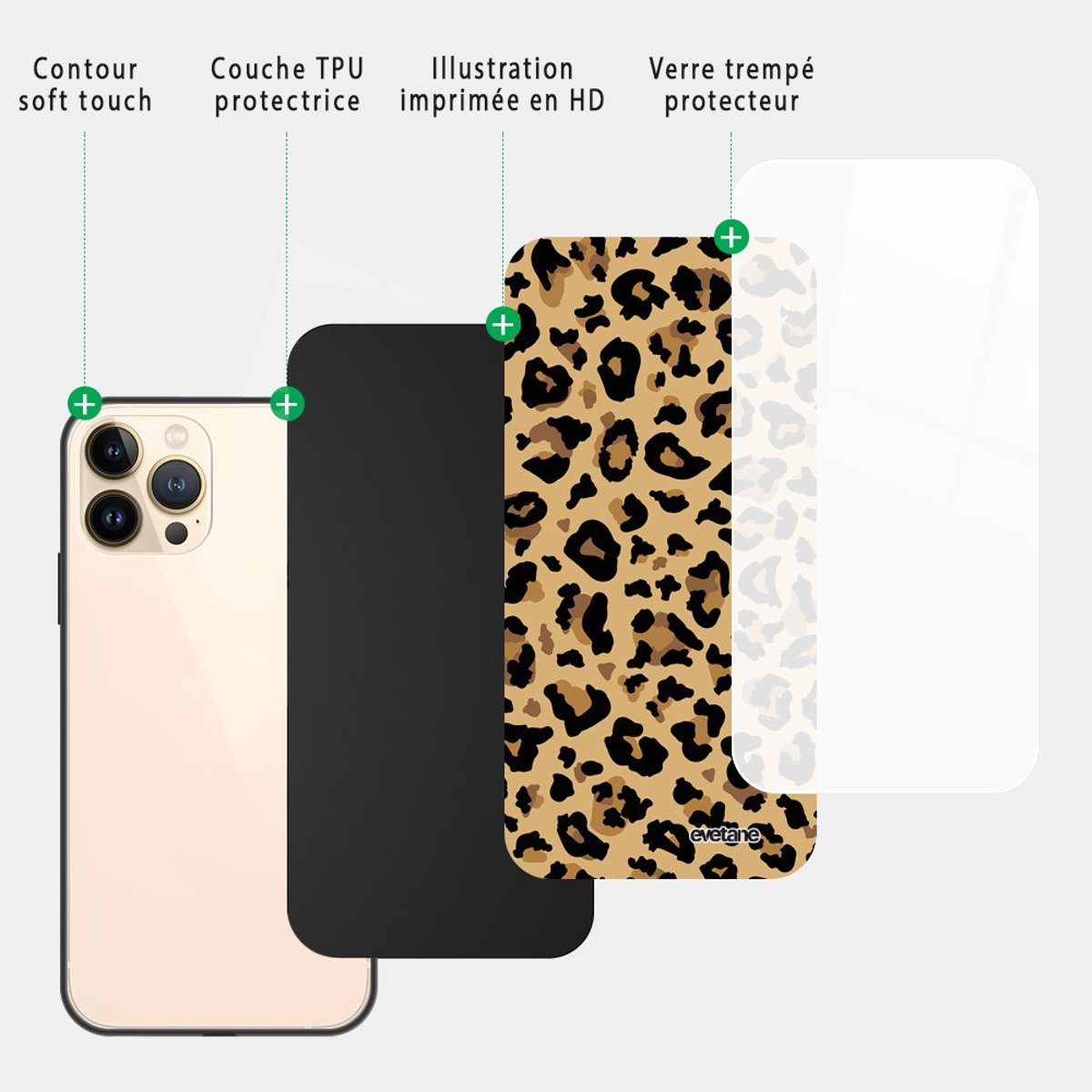 Coque soft touch glossy iPhone 13 Pro Max léopard beige, EVETANE