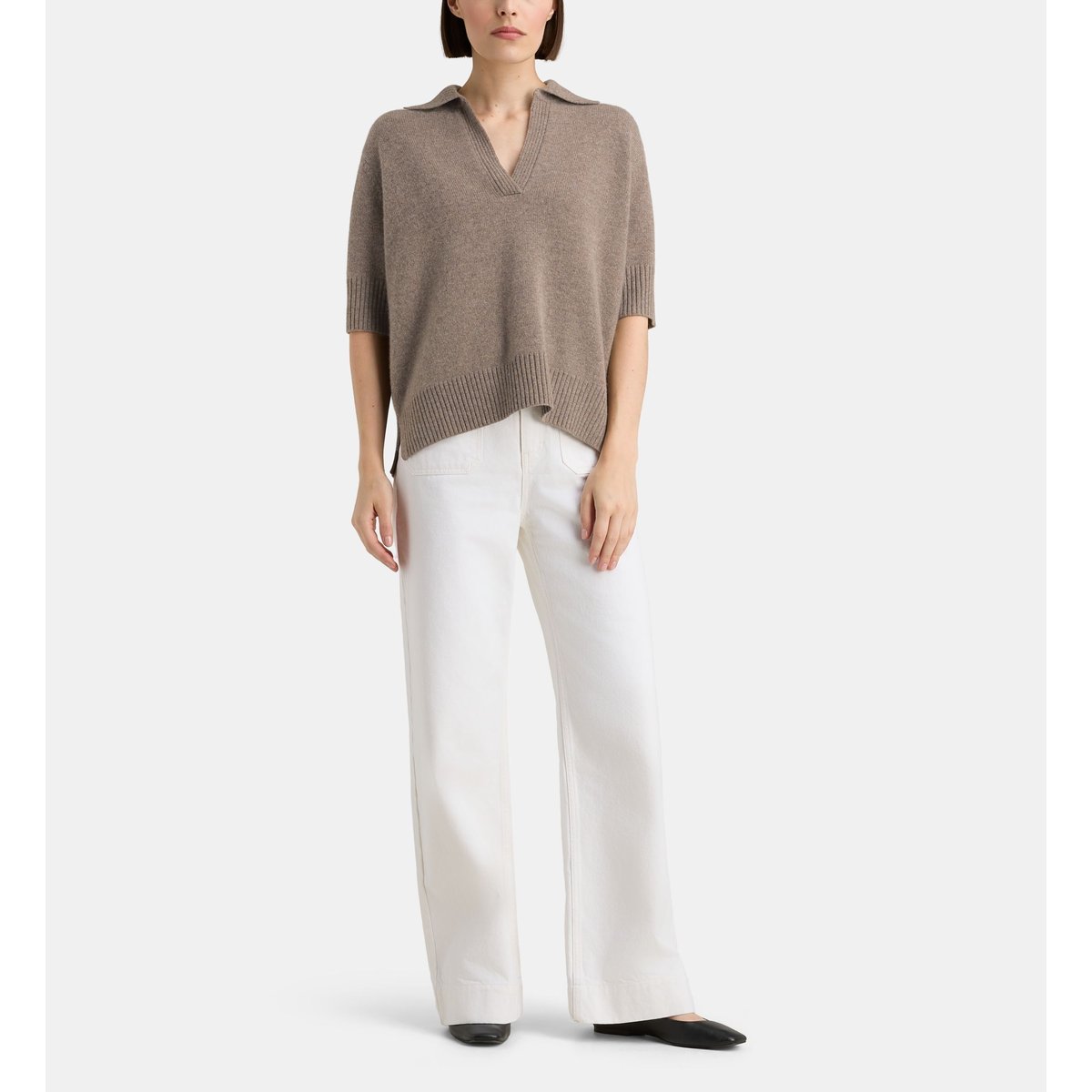 Pull manches courtes frozon en cachemire taupe, GALERIES LAFAYETTE
