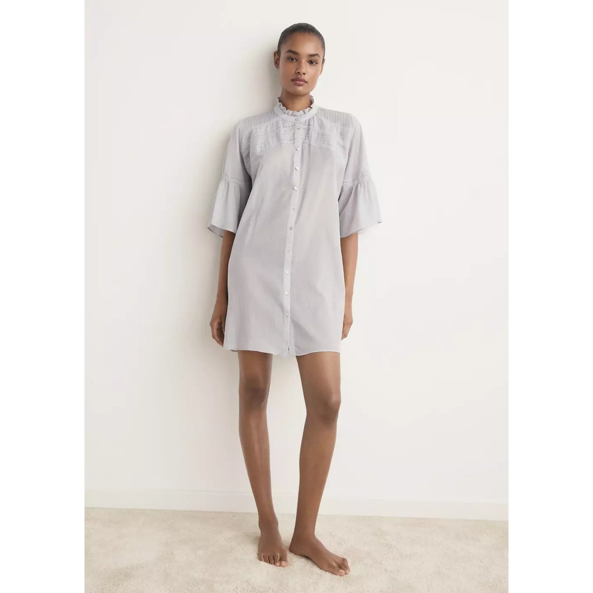 Chemise de nuit coton manches courtes gris clair/pastel, MANGO