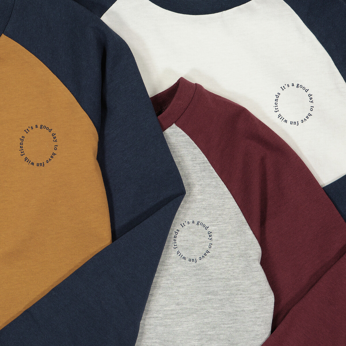 Lot 3 T-shirts manches longues, message poitrine camel + gris chiné + écru, LA REDOUTE COLLECTIONS
