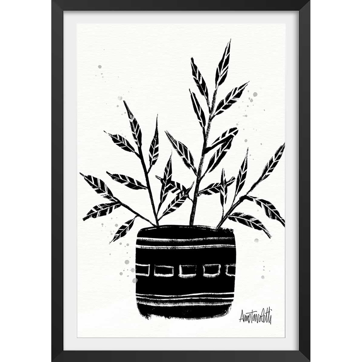 Illustration Botanique et Poterie terre cuite affiche + cadre en bois - noir, HEXOA