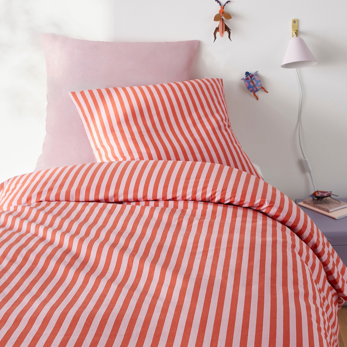 Parure de lit enfant, en 50% coton recyclé, taie carrée, SACHA ROSE rayé rose, LA REDOUTE INTERIEURS