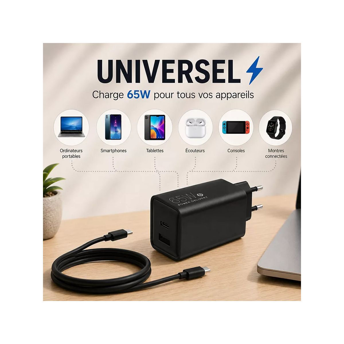 Chargeur ordinateur portable 65W USB-A + USB-C + cable USB-C 2M Noir couleur unique, ESSENTIEL B