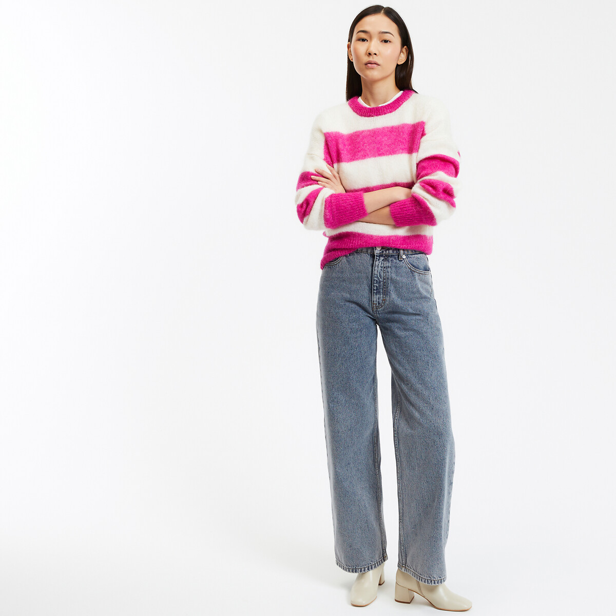 Striped Crew Neck Jumper in Alpaca Blend pink striped, LA REDOUTE COLLECTIONS