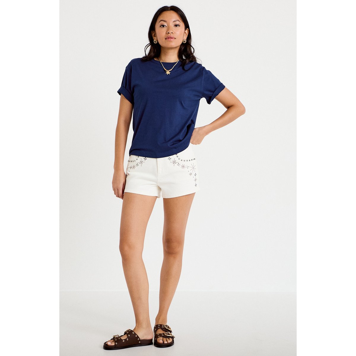 Short en jean avec broderie ecru, CACHE CACHE