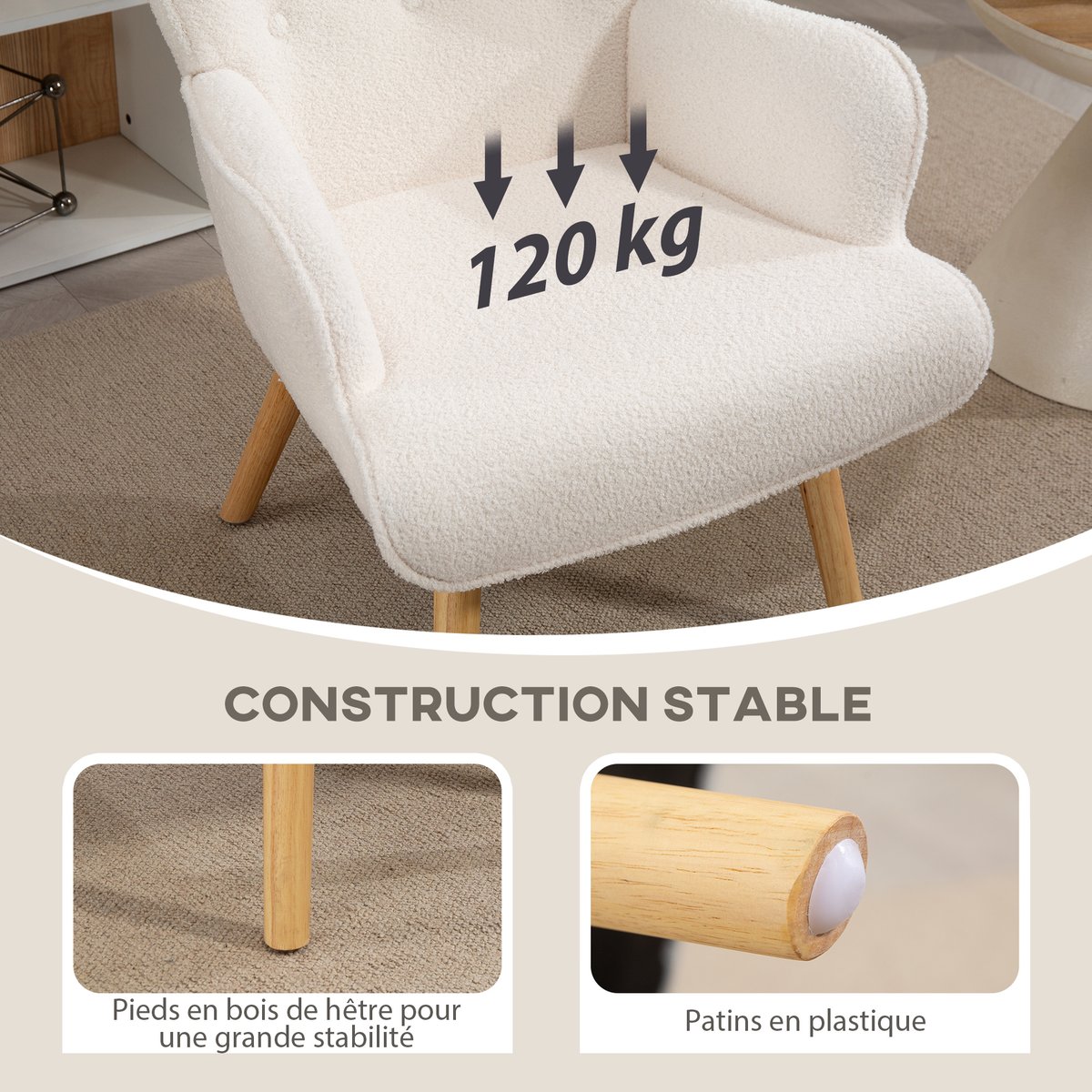 Accent Chair Tissu bouclette (100% polyester) beige, HOMCOM