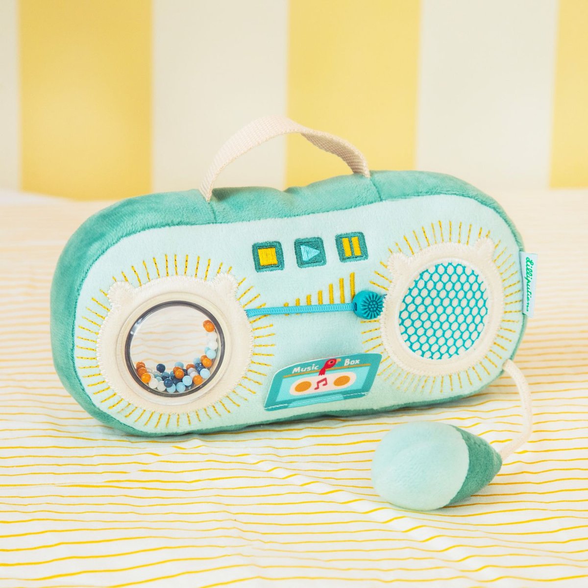 Peluche radio sonore vert d'eau, blanc, jaune, LILLIPUTIENS
