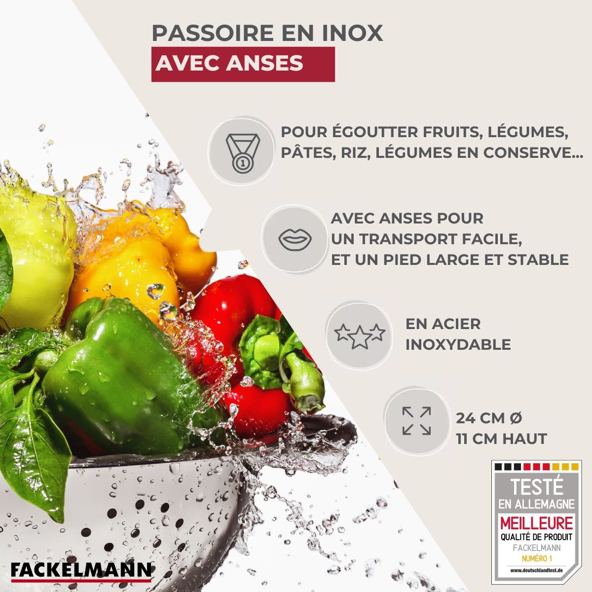 Passoire inox 24 cm avec anses gris, FACKELMANN