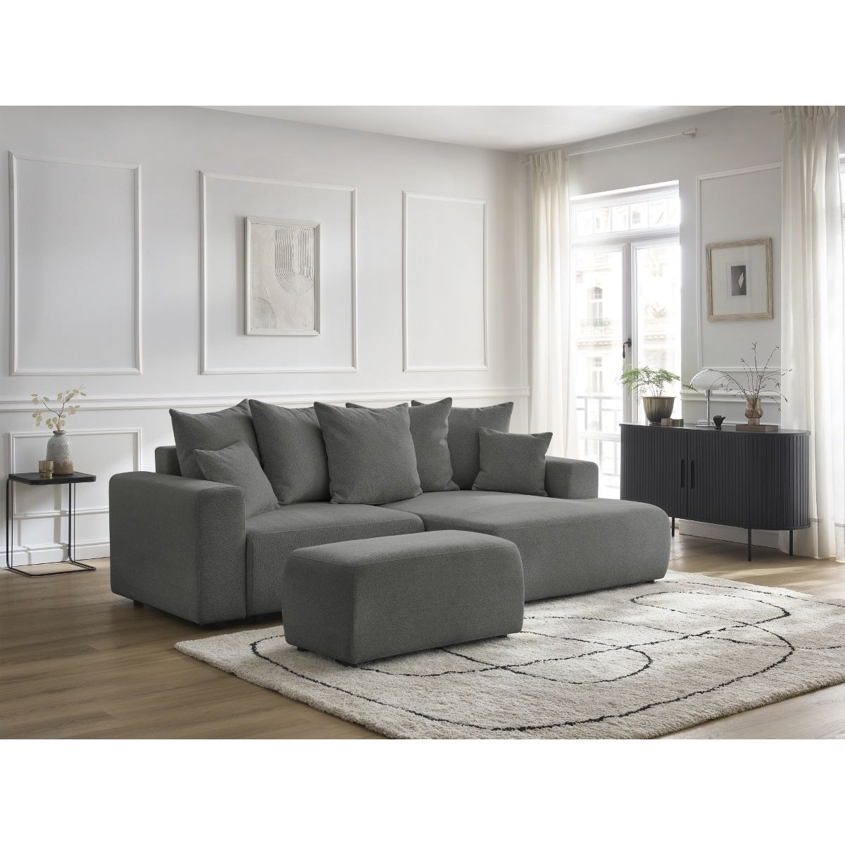 Canapé d'angle convertible 5 places en tissu chiné avec pouf, ATILLA gris foncé, BOBOCHIC