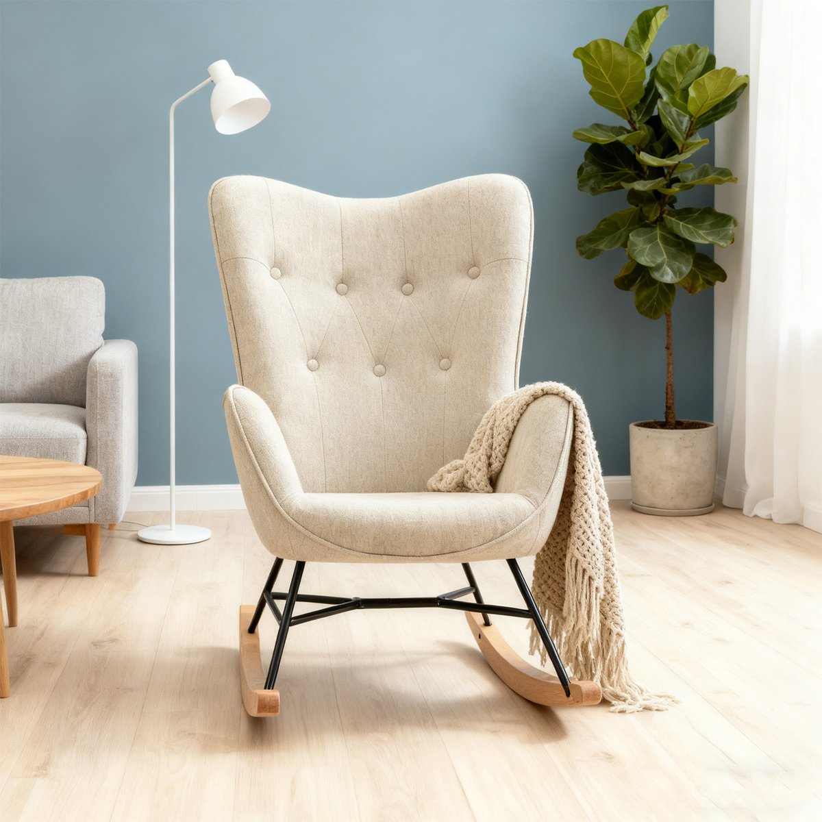 Fauteuil à bascule rocking chair scandinave en tissu, EPPING beige, MEUBLES COSY