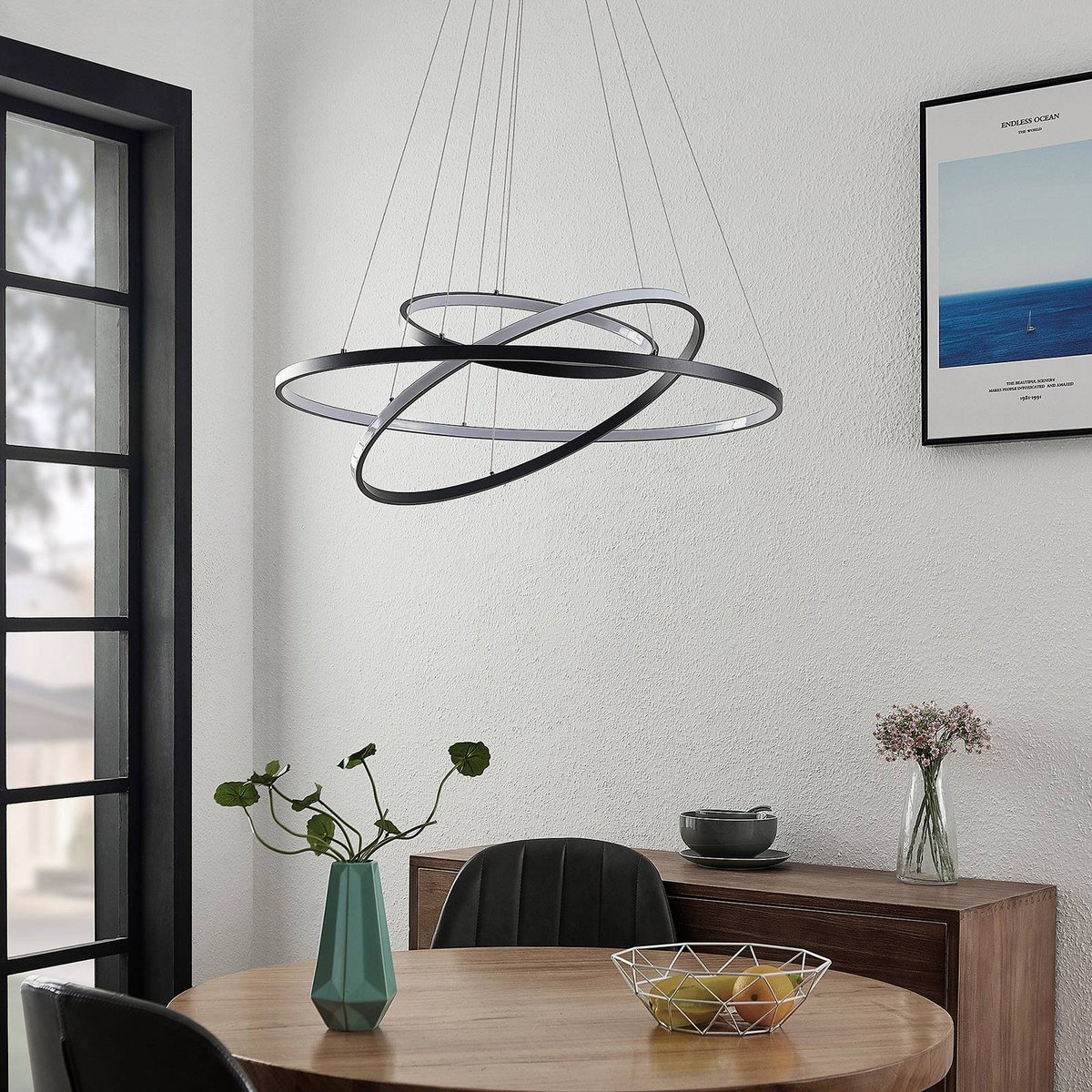 Suspension en métal moderneLED, Ezana noir mat, blanc, LUCANDE