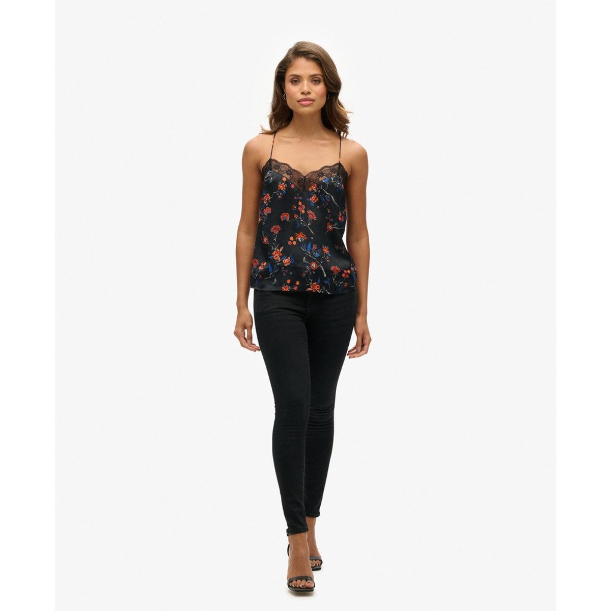 Caraco en satin avec liseré en dentelle imprimé rinko noir, SUPERDRY