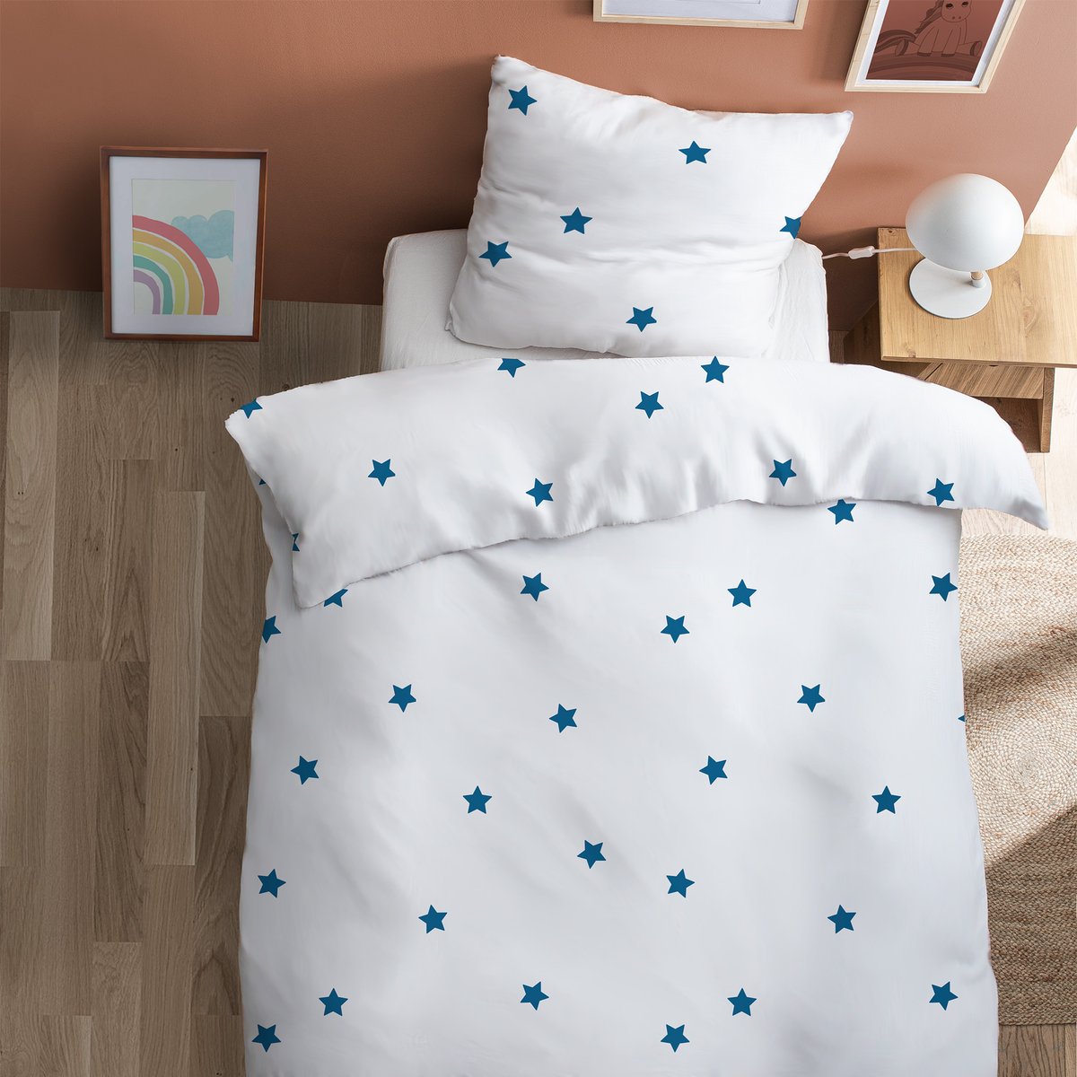 Parure de lit imprimée 100% coton, NUIT ETOILÉE blanc, bleu, MATT ET ROSE