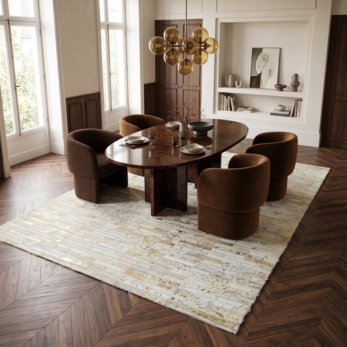 Tapis salon en cuir recyclé CUIR LINES or, THE DECO FACTORY