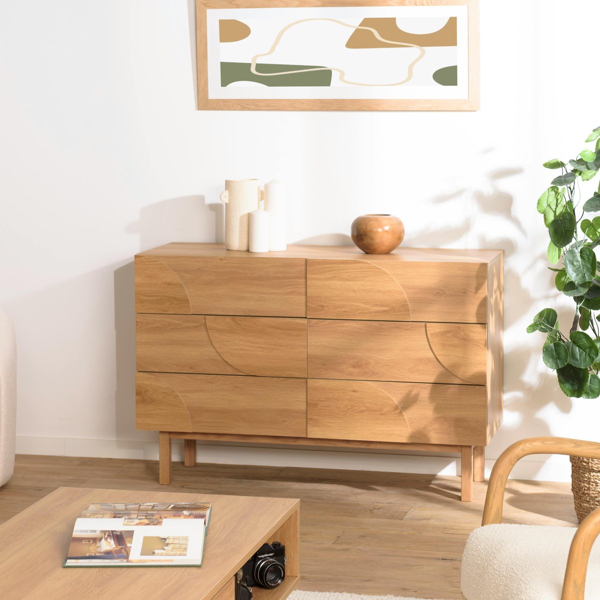 Commode couleur naturelle 6 tiroirs décor motif arrondi ELTON bois naturel, PIER IMPORT
