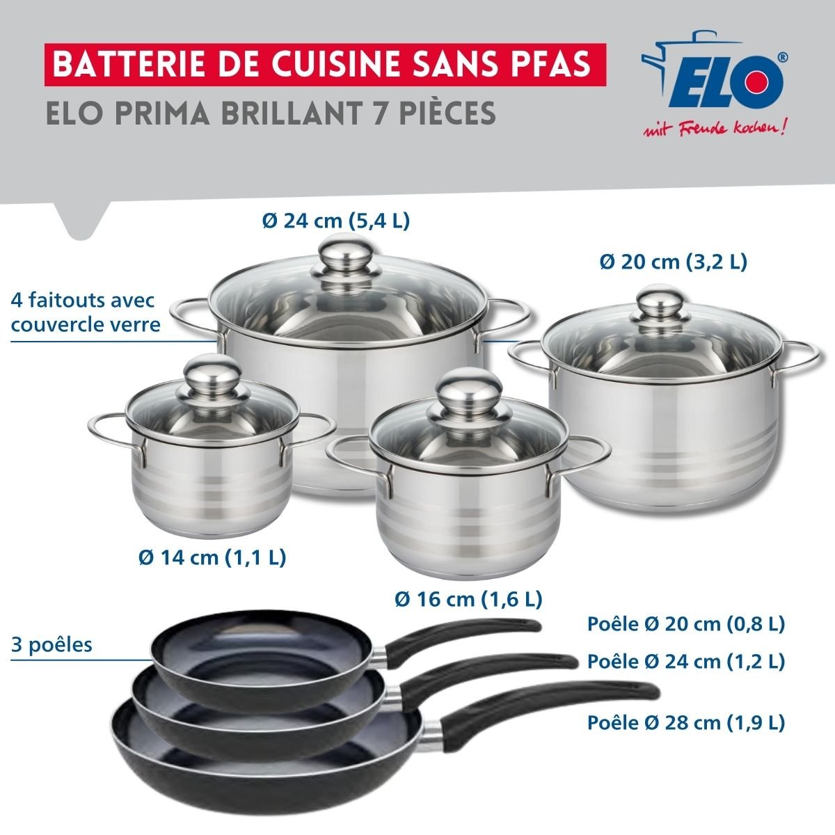 3 poêles 20/24/28cm + 4 faitouts 14/16/20/24cm PRIMA BRILLANT noir, ELO
