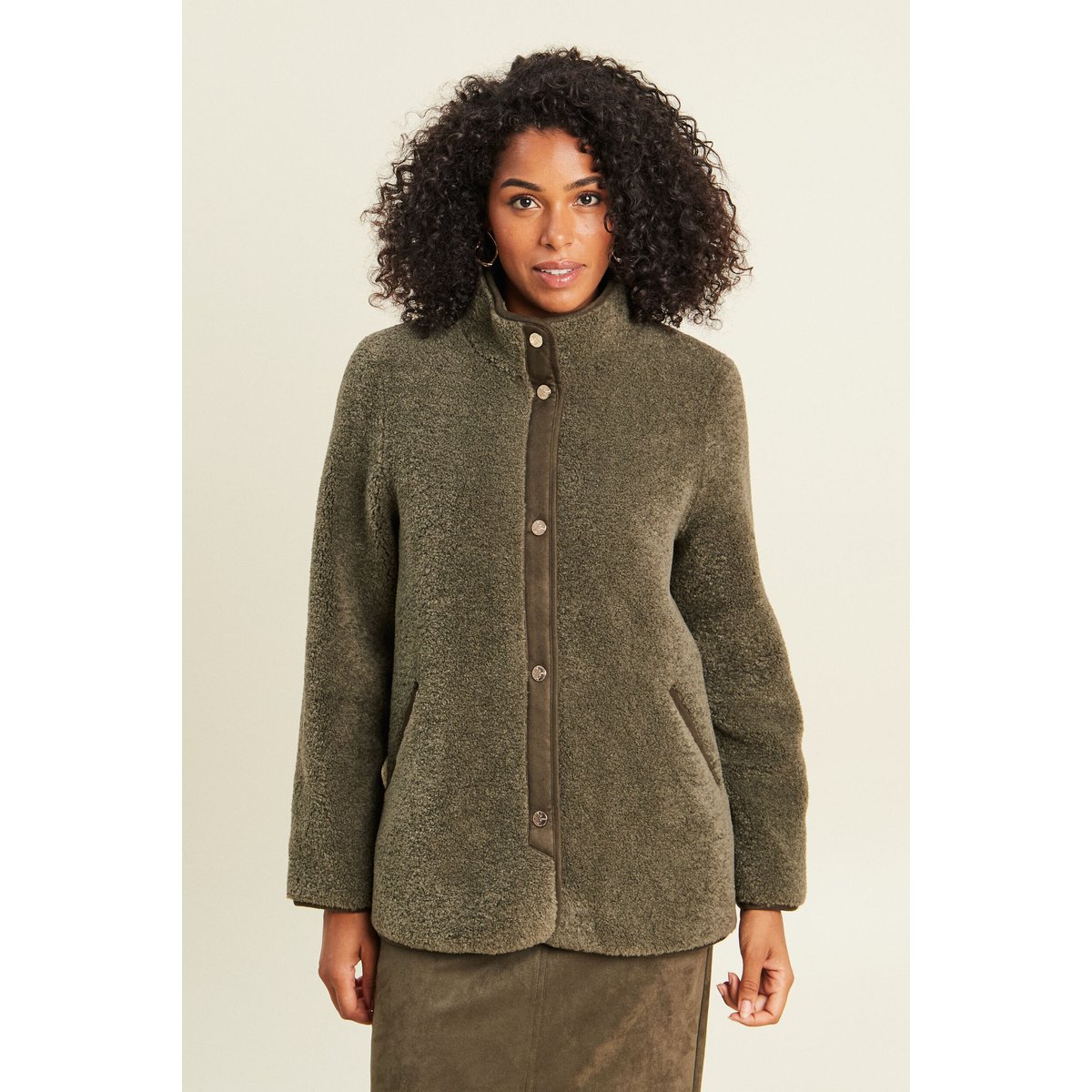 Manteau bouclette doublé manches longues vert kaki, BREAL