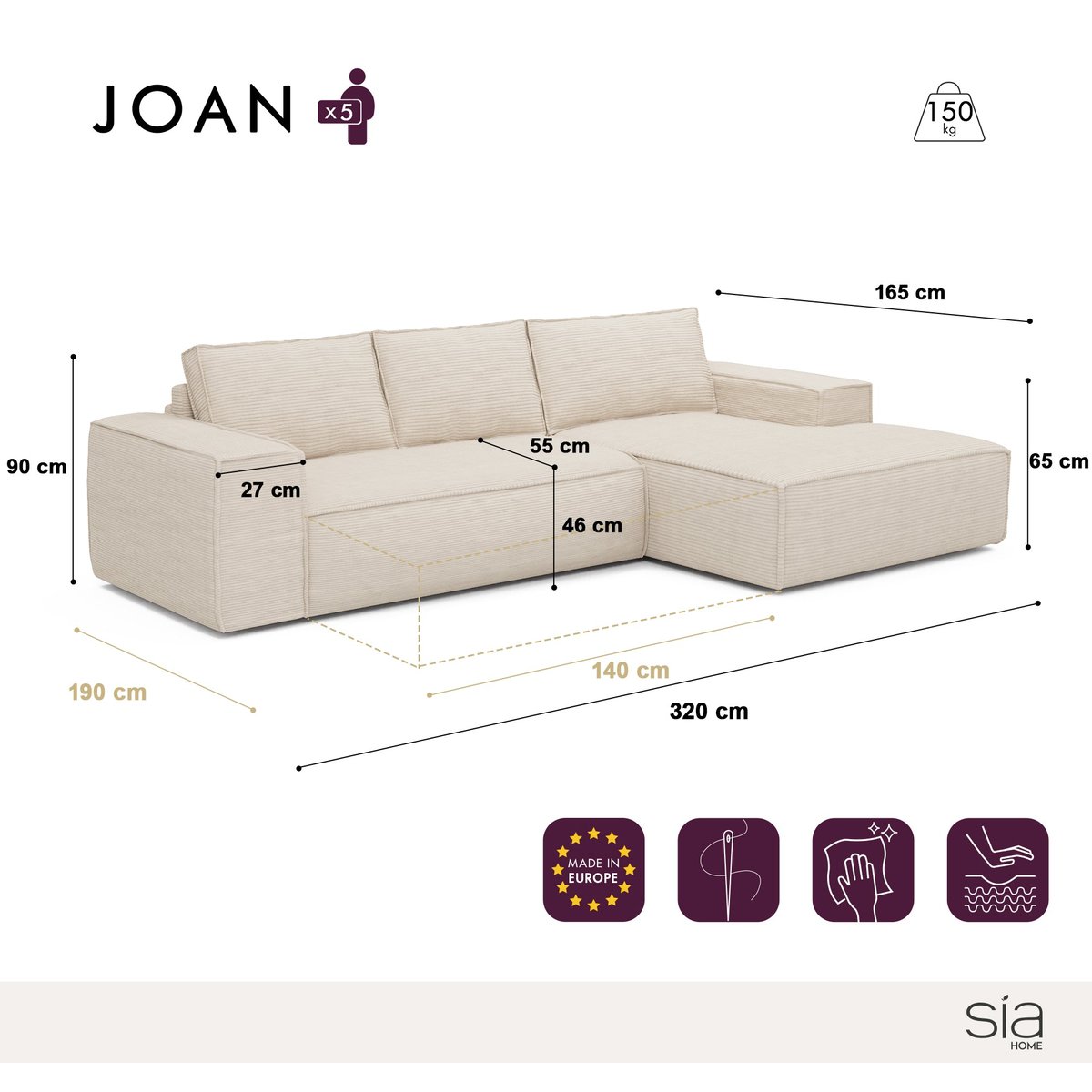 Canapé convertible angle droit 5 places en velours côtelé JOAN taupe, SIA HOME