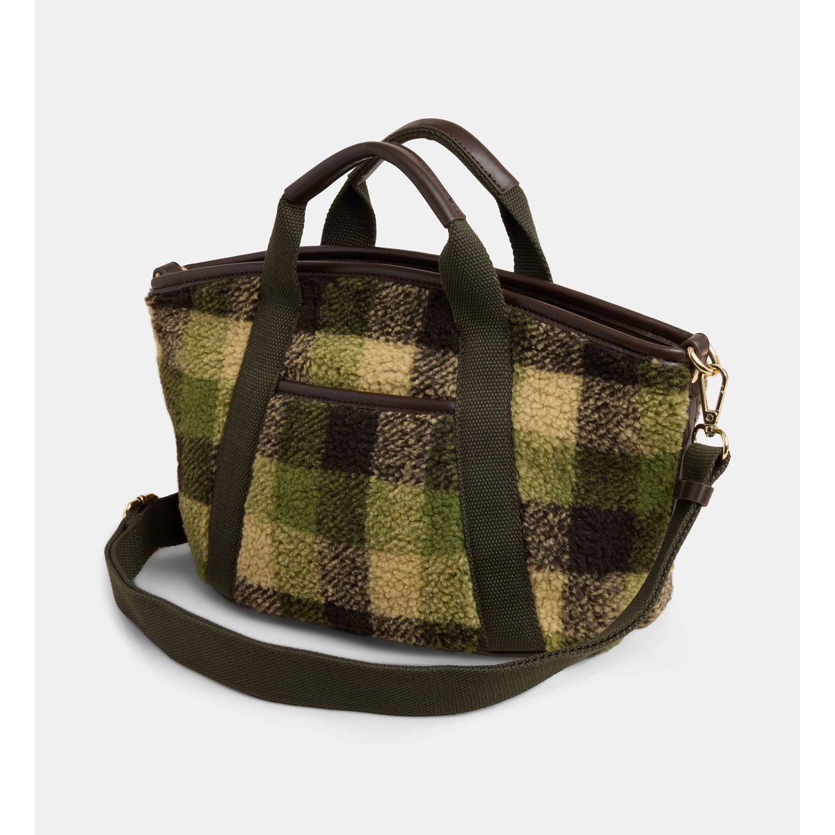 Sac cabas maggy shearling à carreaux vert et camel, GALERIES LAFAYETTE