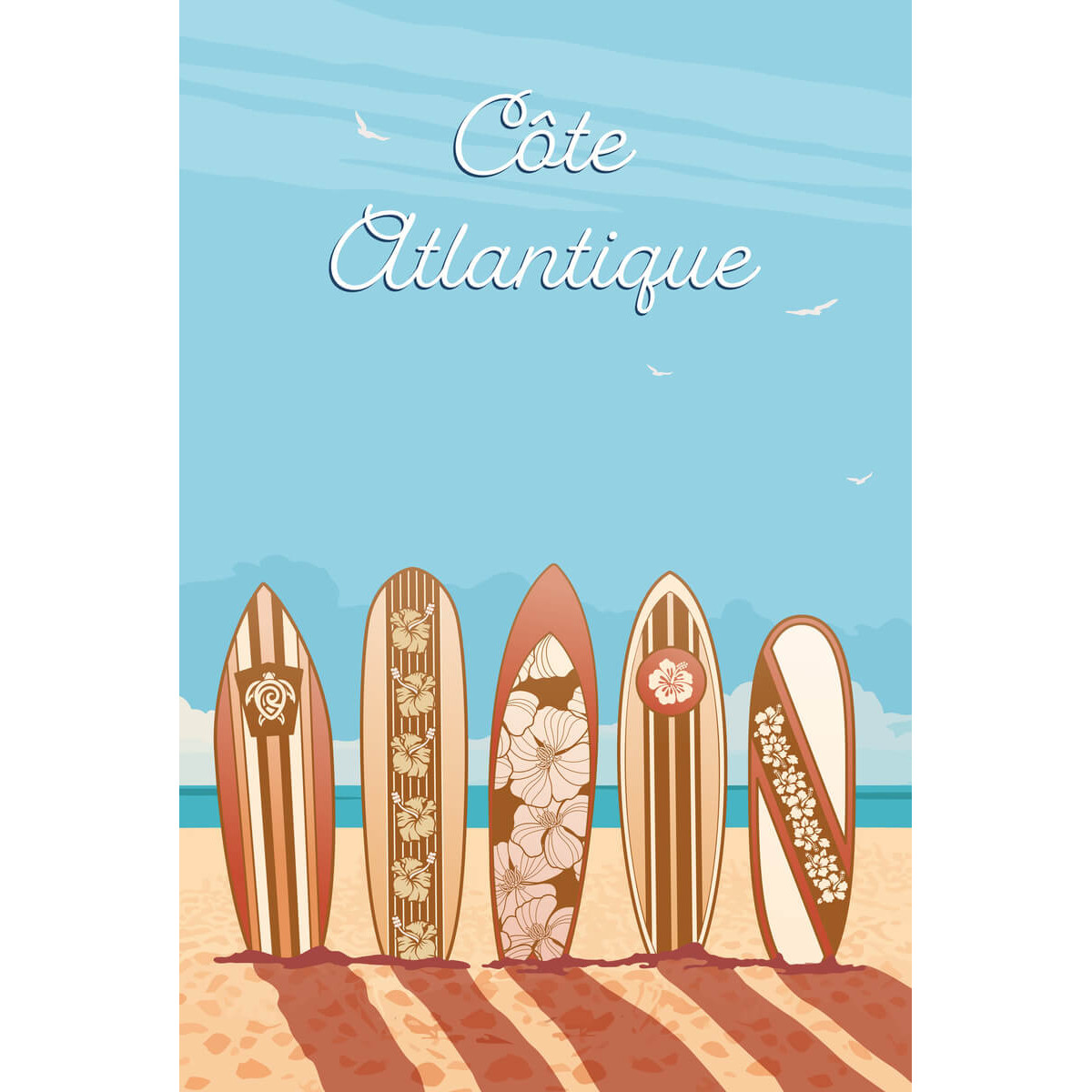 Tableau Mural Illustration Surfs Côte Atlantique PLAGE tableaux sur toile-bleu, CEANOTHE