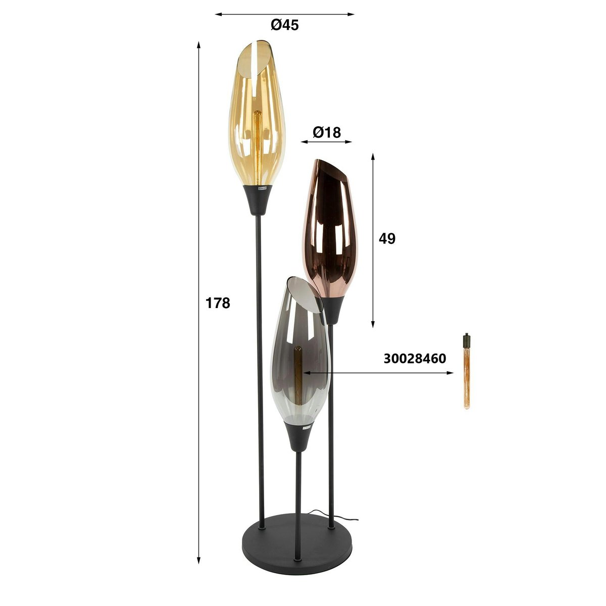 Lampadaire vintage XL avec abat-jour en verre forme torche NIAGARA ambre, PIER IMPORT