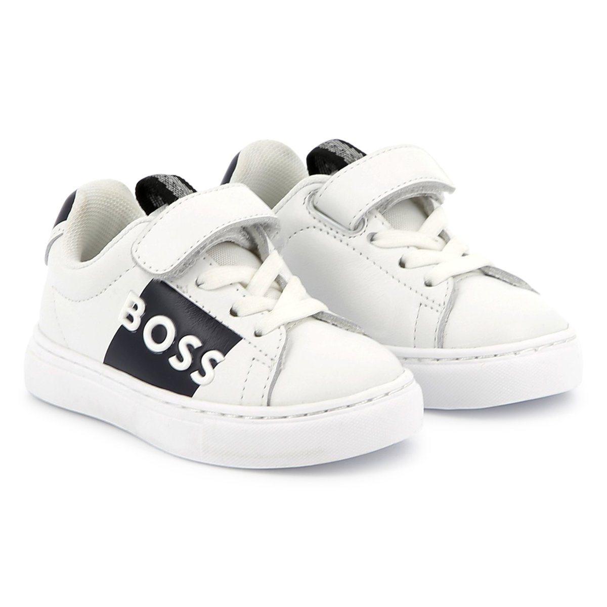 Sneakers pelle, velcro e lacci blanc, BOSS KIDSWEAR