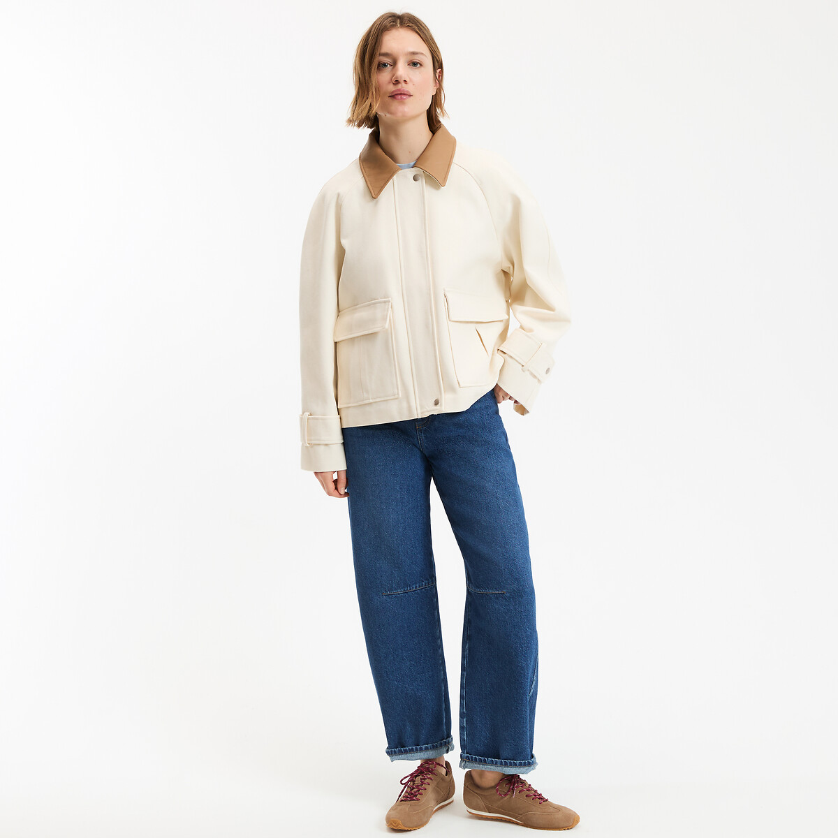 Veste en coton avec col contrasté ivoire, LA REDOUTE COLLECTIONS