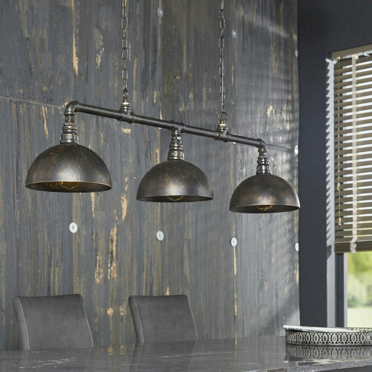 Suspension industrielle tuyau 3 demi-globes TRIBECA noir, PIER IMPORT