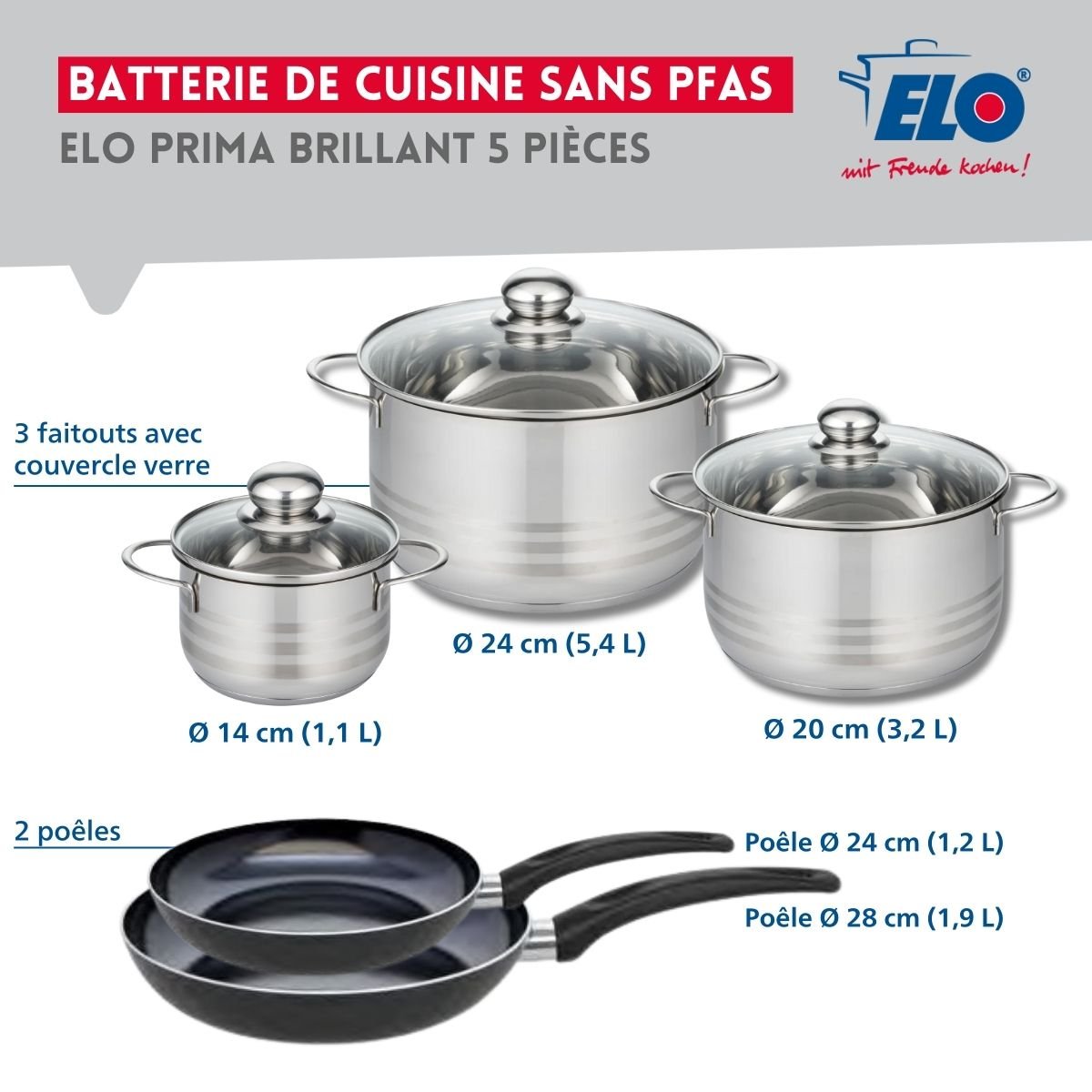 Batterie 2 poêles 24/28cm + 3 faitouts 14/20/24cm PRIMA BRILLANT noir, ELO