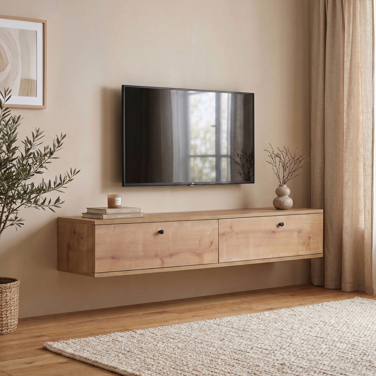 Meuble tv suspendu 2 portes en bois L160cm- YARA bois clair, DRAWER