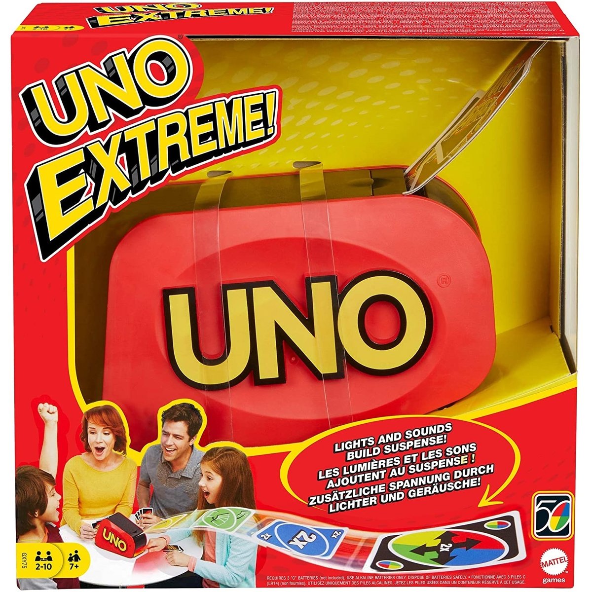 Uno extreme Jeu de société et de cartes avec distributeur aléatoire, sonore et lumineux multicolore, MATTEL