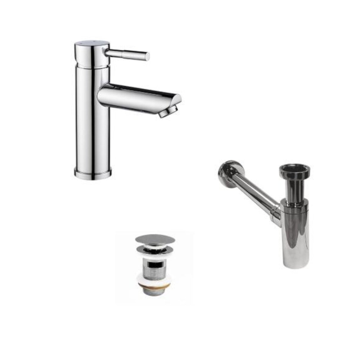 Robinet bec bas + bonde CLINT + siphon SIMON gris - acier inoxydable - chromé, MOB IN