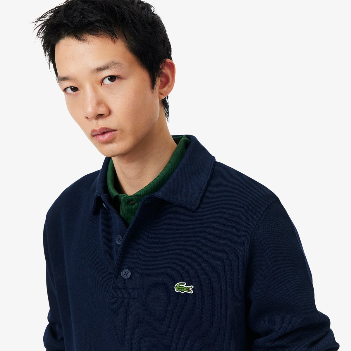 Sweatshirt col polo coton côtelé bleu-166, LACOSTE
