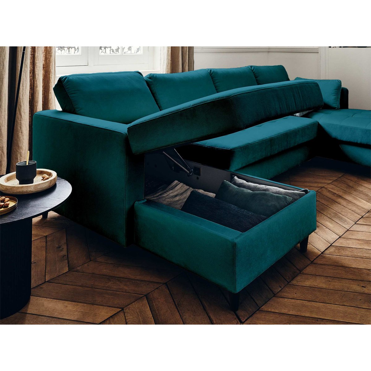 Canapé Panoramique Convertible 7 places - ANNA bleu canard, BEST MOBILIER