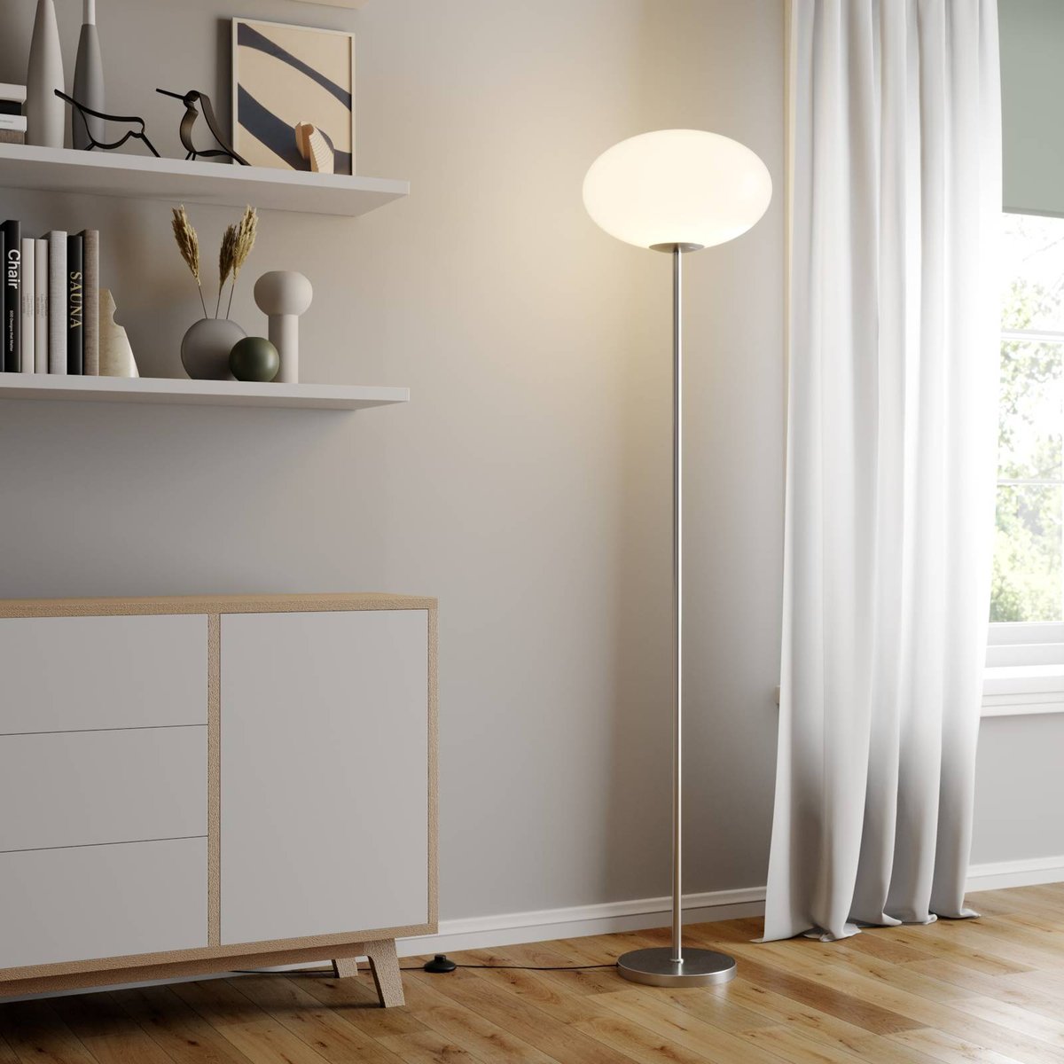 Lampadaire en métal, Sonika nickel satiné, blanc opalin, LINDBY