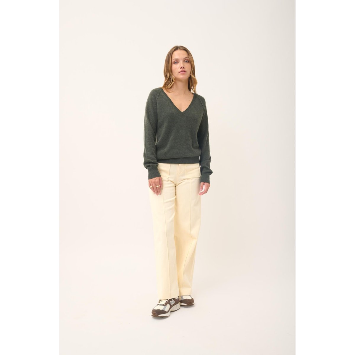 Pull Col V  Kaki Chiné Phoebe kaki chiné, JUST CASHMERE