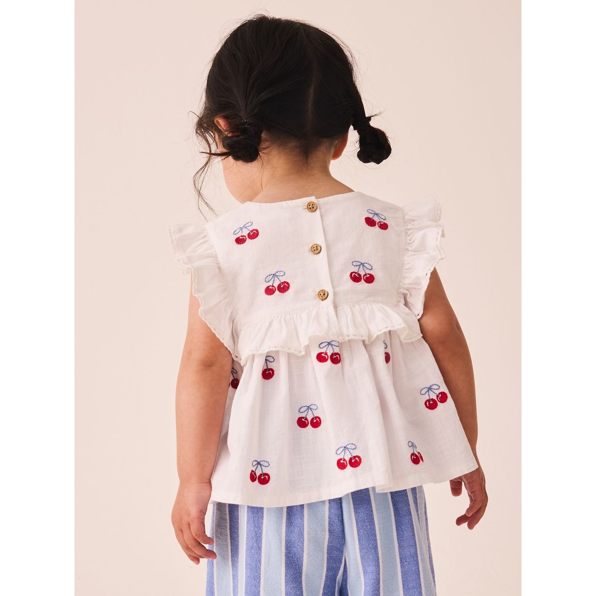 Ensemble blouse sans manches et pantalon rayures bleues et cerises rouges, NEXT