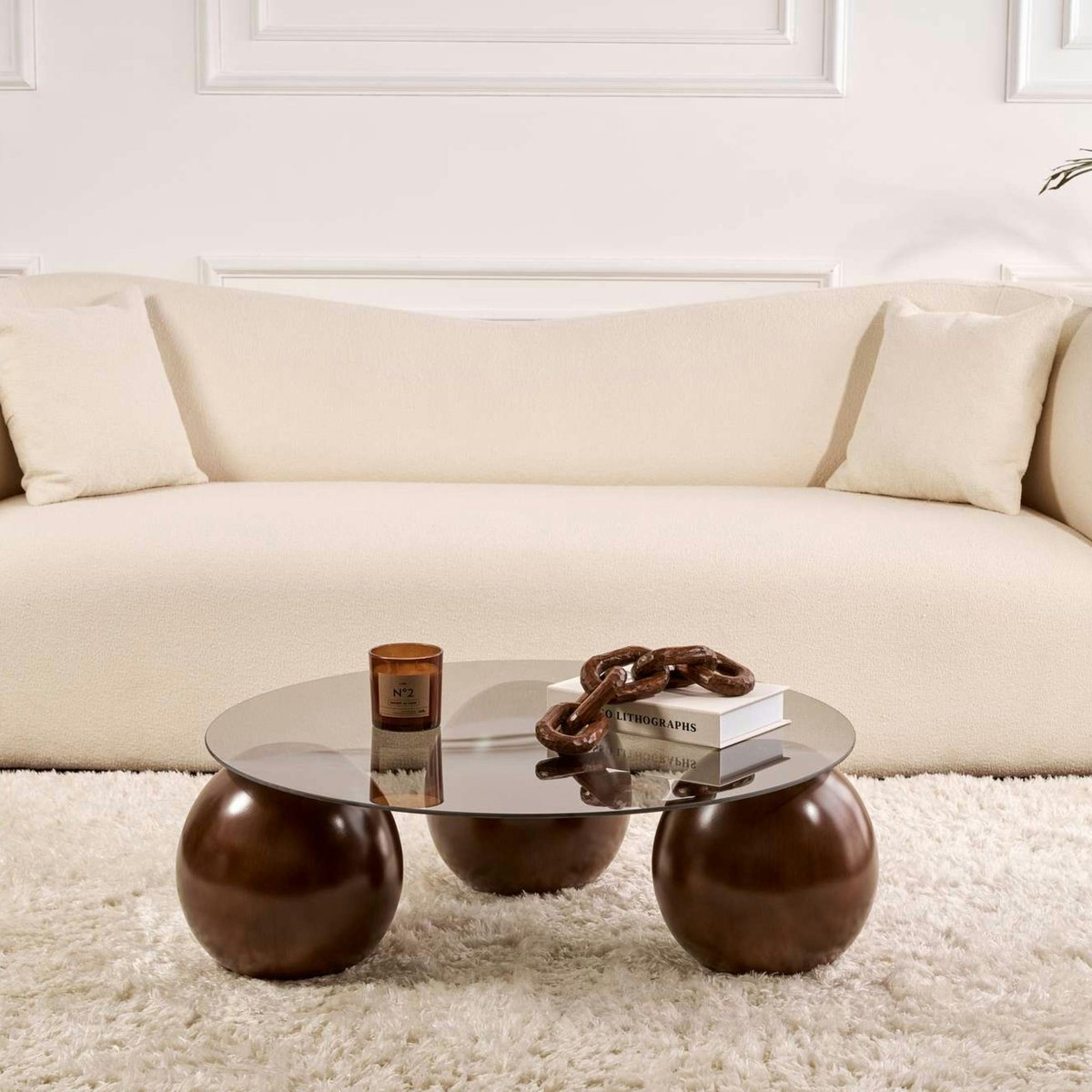 Table basse ronde en verre pieds boules KOCHI verre fumé - pieds marrons, PIER IMPORT