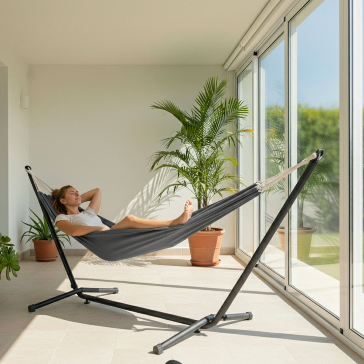 Hamac + Support hamac en métal 270x100x95cm gris, SUNNYDAYS